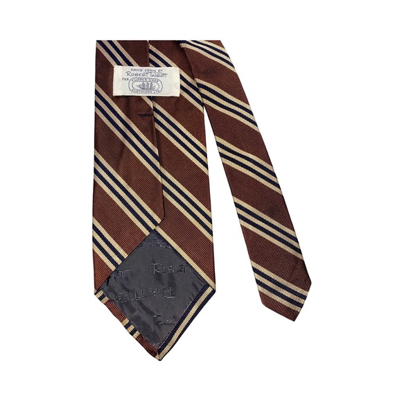 Robert Talbott Hand Sewn for Clipper Shop Clothers Brown Tan Blue Stripe SILK - Picture 5 of 5